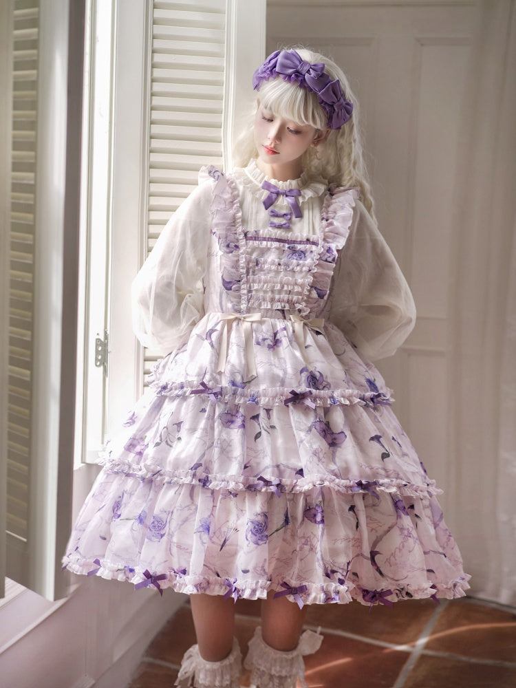 White and Purple Fake Two-pieces Design Floral Print Ruffle Bodice Long Sleeves Lolita OP