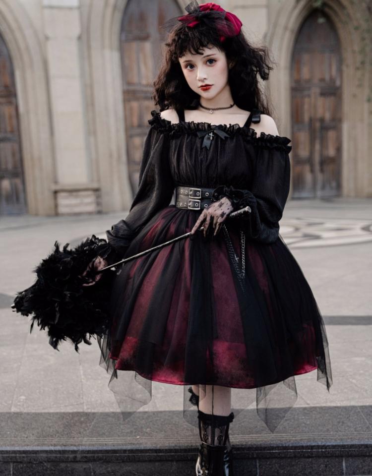 Vampire Wine Red Gothic One Piece with Black Pu Corset Belt