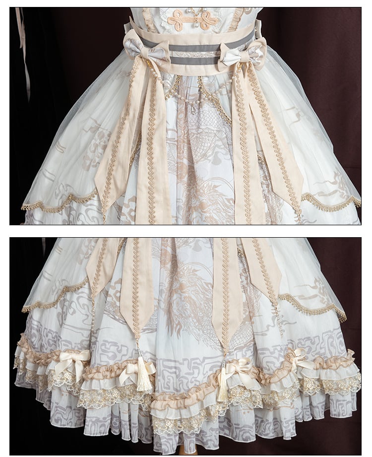 In Stock Chinoiserie Style Pattern Design Dragon Print Bowknot Details Jumper Skirt