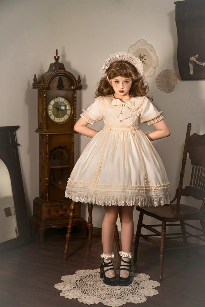 Warm Breeze Into String Peter Pan Collar High Waist Short Sleeves Lolita OP
