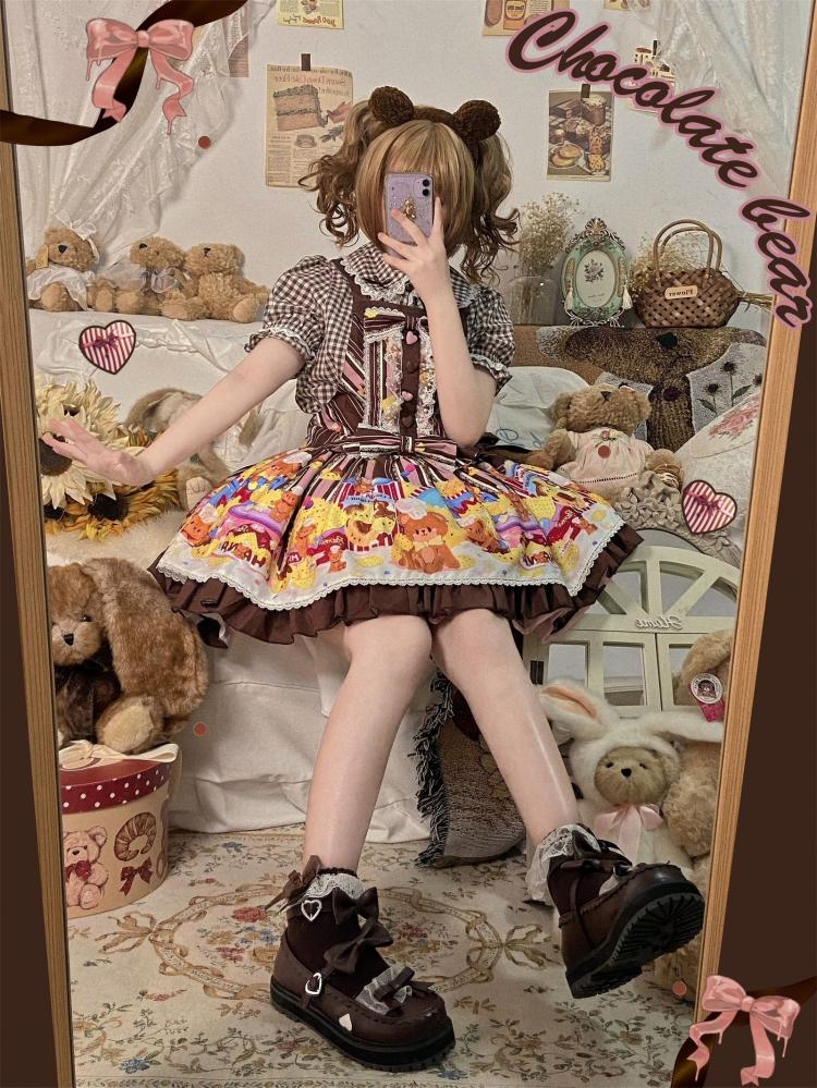 Little Bear and Pot Built-in Petticoat Bear and Biscuit Print Overalls