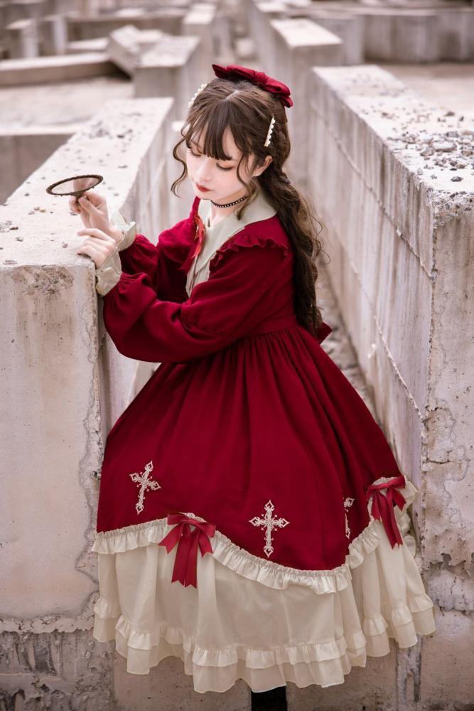 Starry Night Cross Bowknot Details Long Sleeves Lolita OP