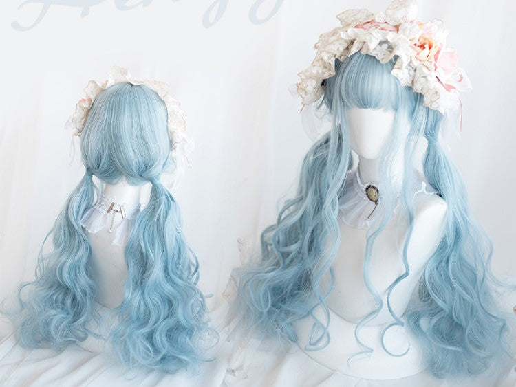 Song of the Shark Water Blue Long Curly Synthetic Wig with Bangs