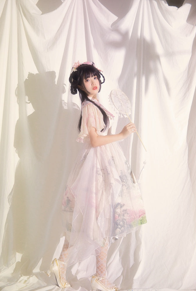 In Stock Mountains-and-waters Painting Print Irregular Hem Chinoiserie Style Short Sleeves One Piece