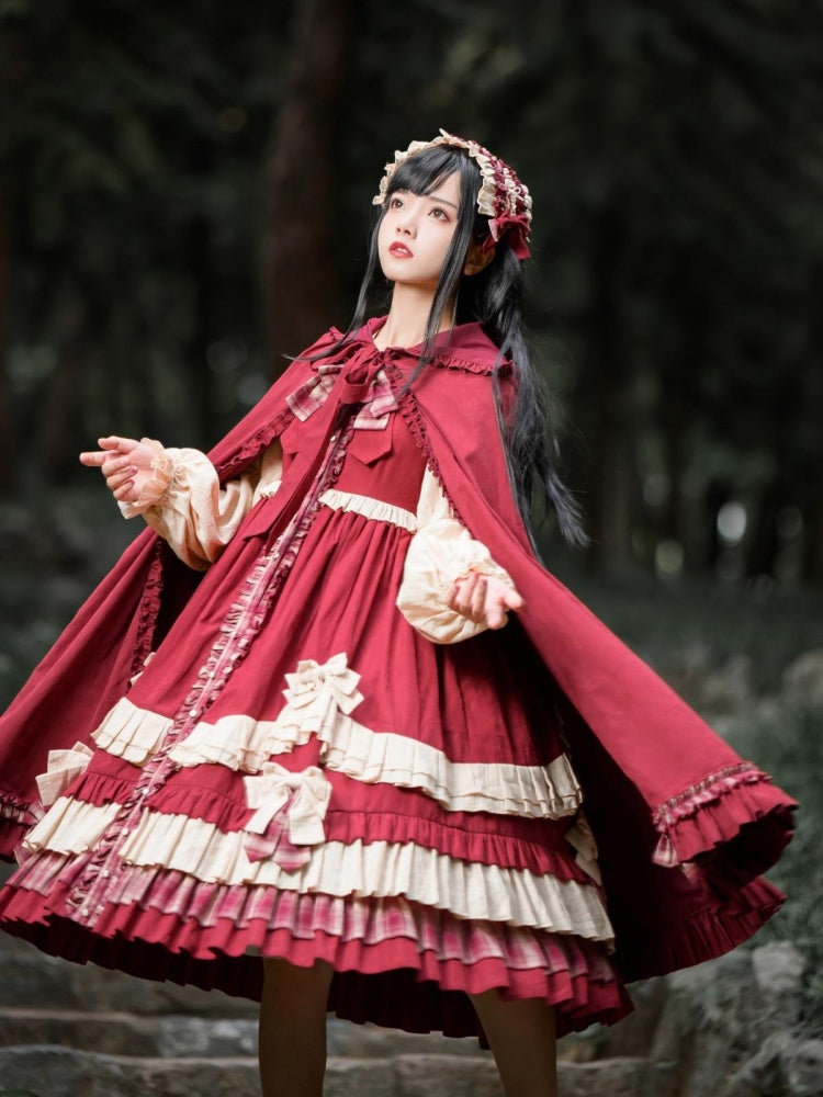 Peter Pan Collar Red Plaid Pattern Bowknot Details Long Sleeves Lolita OP