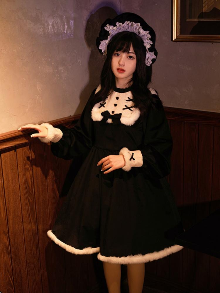 Humanoid Time Color Black Ruffle Round Neckline Plush Hemline Velvet Long Sleeves One Piece