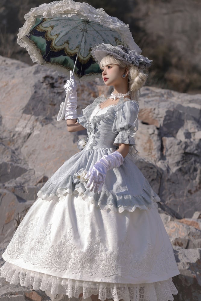 White and Blue Floral Bowknot Design One Piece