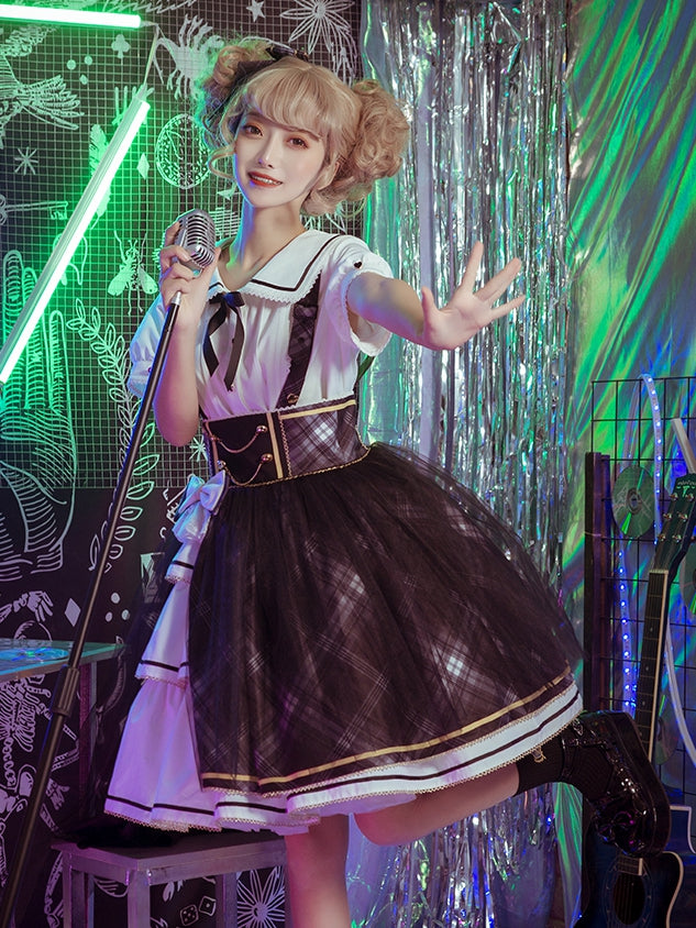 In Stock Plaid Tiered Flounce Hem Idol Overall Skirt+ White Shirt Set