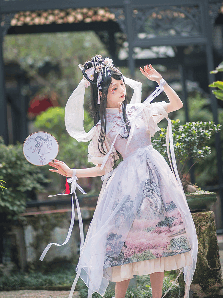 In Stock Mountains-and-waters Painting Print Irregular Hem Chinoiserie Style Short Sleeves One Piece
