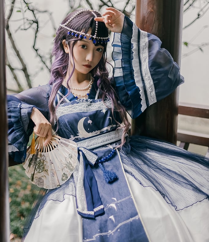 Night and Warbler Chinoiserie Style Han Lolita JSK+Long Flounce Bell Sleeves Blouse Set