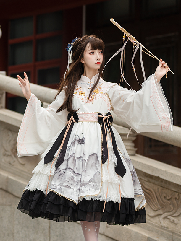 In Stock Black and White Chinoiserie Mountains-and-waters Painting Print Long Sleeves One Piece