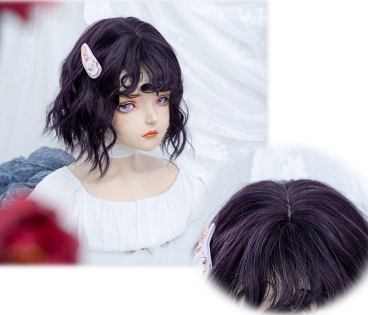 Purple Chin Length Wavy Synthetic Wig with Curly Bangs