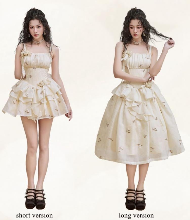 Light Yellow Floral Pattern Boned Bodice Jumper Skirt with Rosette Brooches Short Version