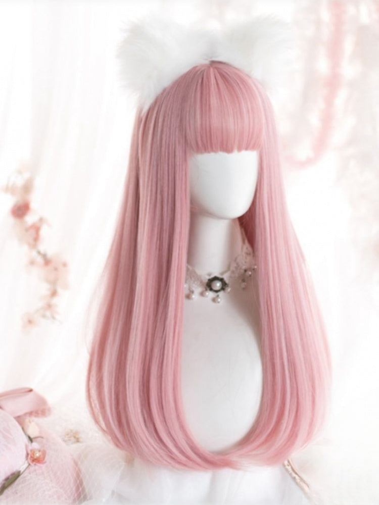 Pink Medium Length Synthetic Straight Wig with Full Bangs