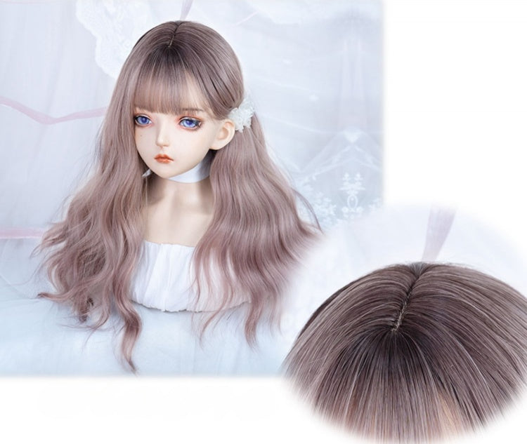 Purple and Grey Ombre Hair Color Medium Length Synthetic Wavy Wig with Full Bangs