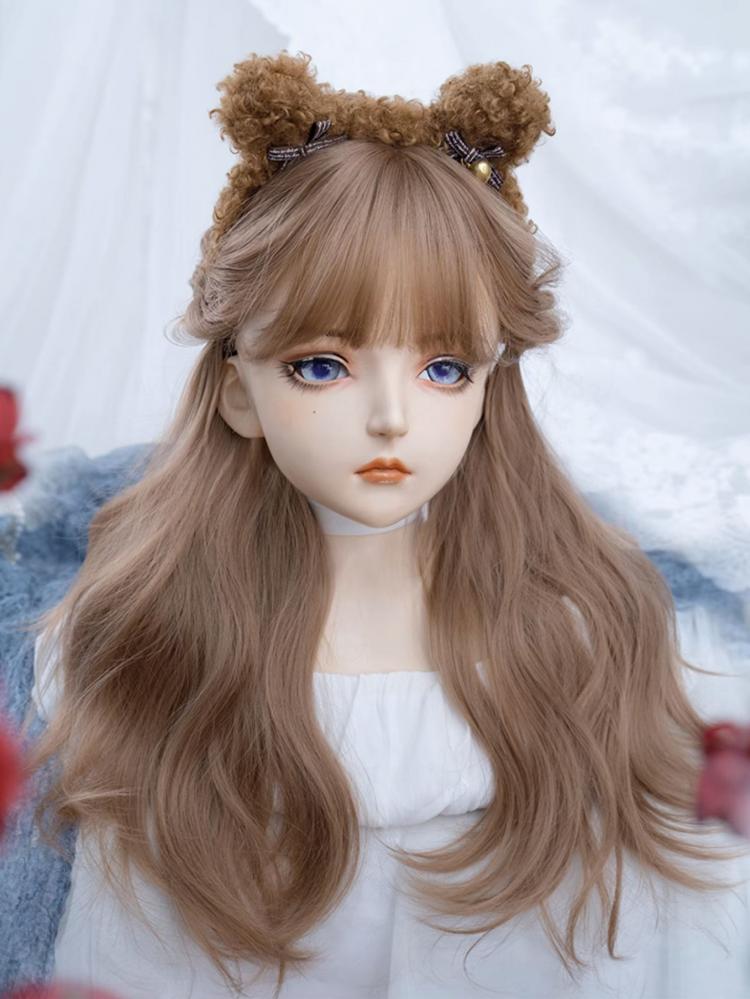 Milk Tea Brown Long Wavy Synthetic Wig with Full Bangs
