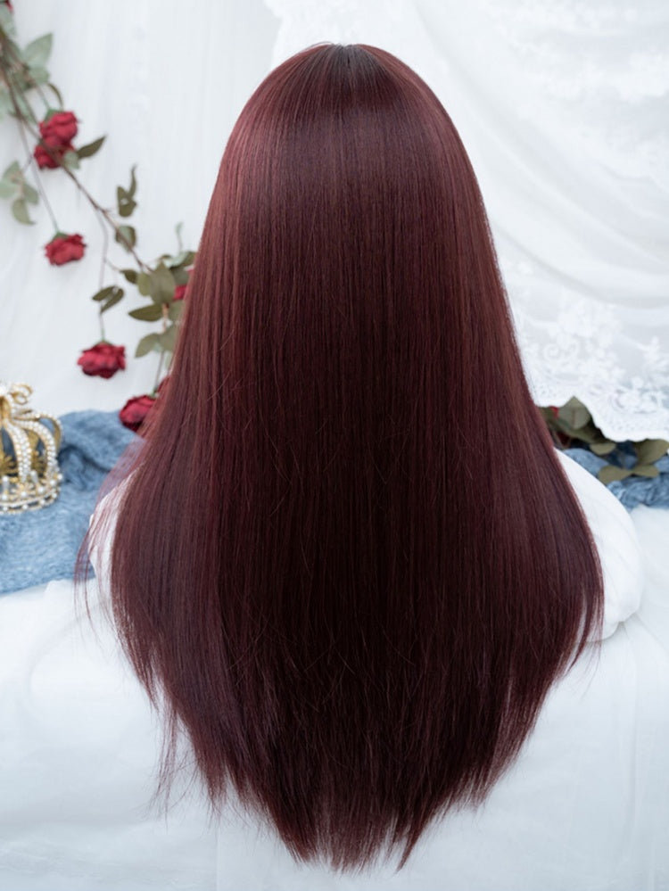 Dark Red Long Straight Synthetic Wig with Full Bangs