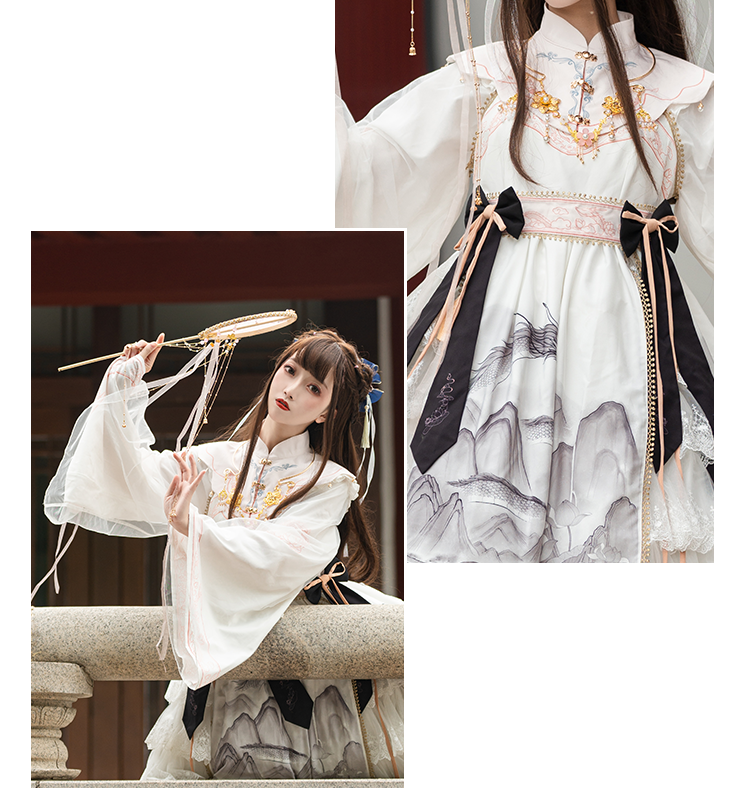 In Stock Black and White Chinoiserie Mountains-and-waters Painting Print Long Sleeves One Piece