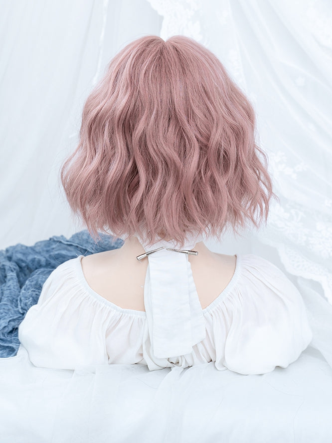 Pink Chin Length Wavy Synthetic Wig with Curly Bangs
