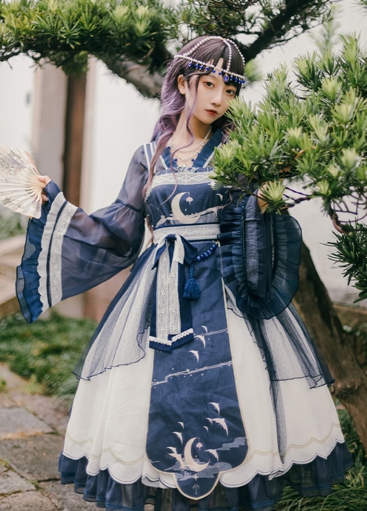 Night and Warbler Chinoiserie Style Han Lolita JSK+Long Flounce Bell Sleeves Blouse Set