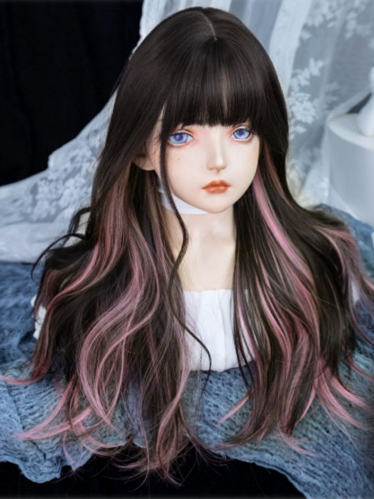 Pink Highlight Hair Color Black Long Synthetic Wavy Wig with Full Bangs