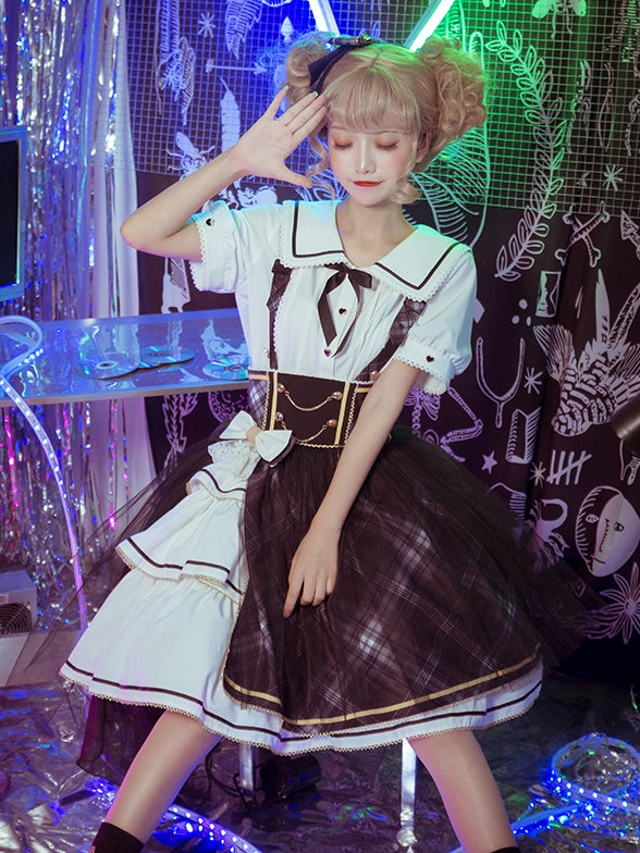 In Stock Plaid Tiered Flounce Hem Idol Overall Skirt+ White Shirt Set