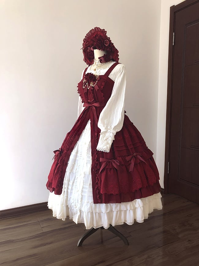 Rozen Maiden Front Buttons Closure Shirring Back Plus Size Friendly Black / Wine Red / Green / Pink Classic Jumper Skirt