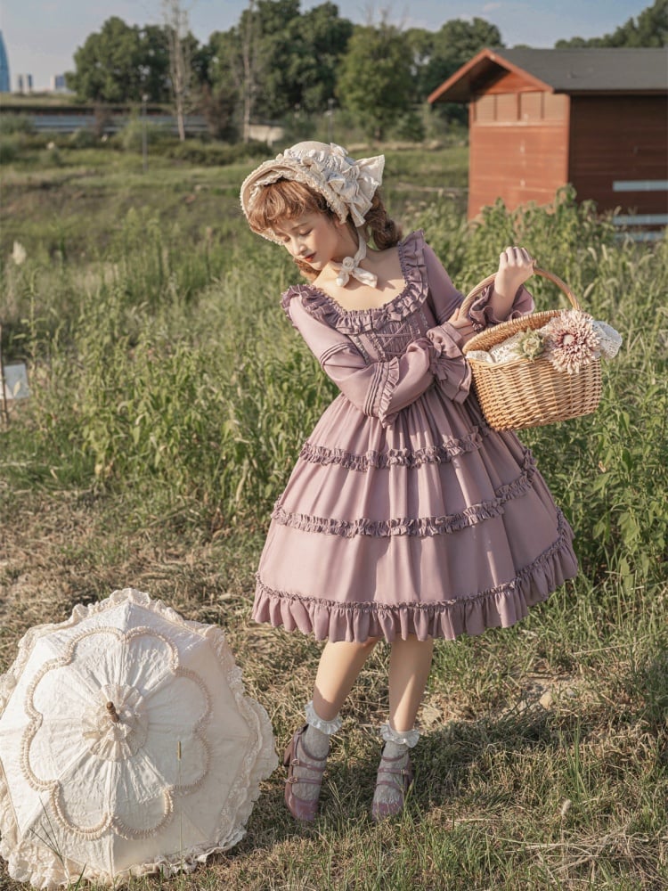 Square Neckline Smocked Elastic Front Bodice Ruffle Hemline Long/Short Sleeves Lolita OP