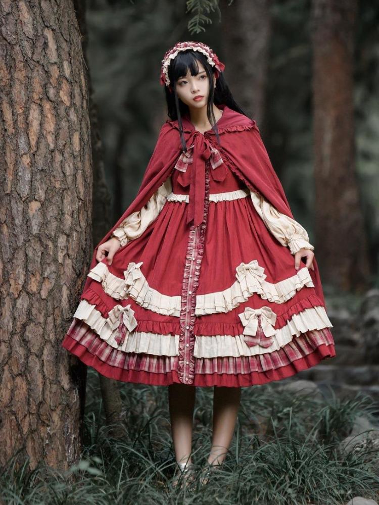 Peter Pan Collar Red Plaid Pattern Bowknot Details Long Sleeves Lolita OP