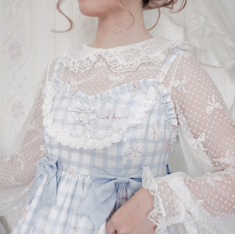 Margaret Floral Print Bowknot Details Gingham Pattern V-neck Jumper Skirt