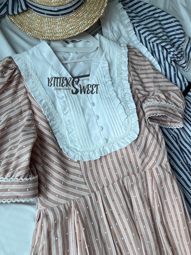 Three Colors Banded Collar Striped Pattern Short Sleeves One Piece