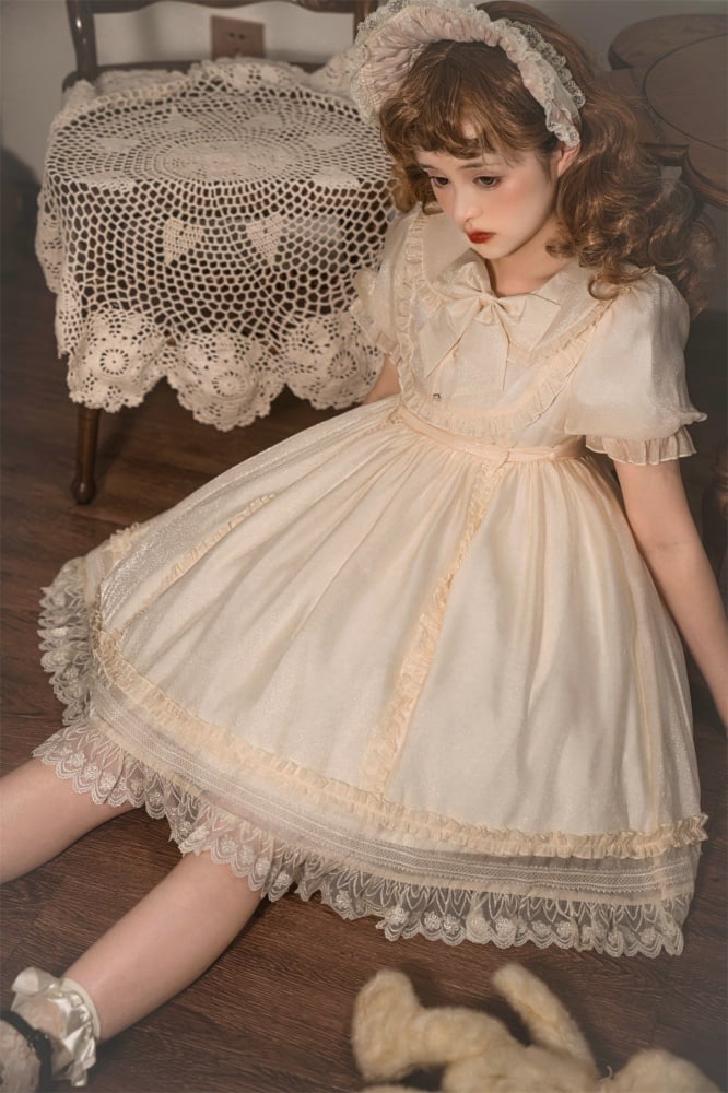 Warm Breeze Into String Peter Pan Collar High Waist Short Sleeves Lolita OP