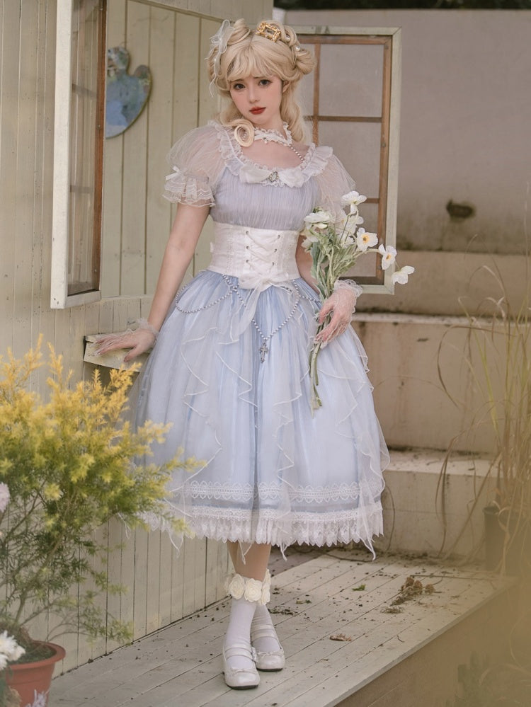 Mermaid Tears One Piece Halter Neck Puff Sleeves Tiered Skirt and Ruffle Trim