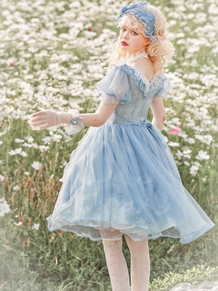 Sweet Bowknot Details Ruffle Neckline Beads Halter Neck Short Puff Sleeves One Piece