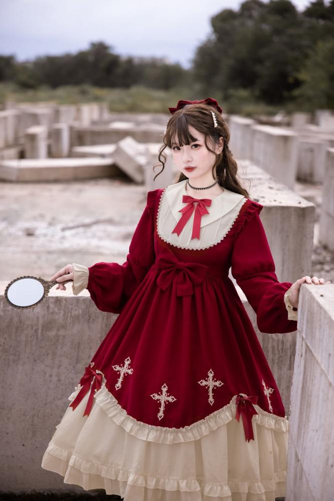 Starry Night Cross Bowknot Details Long Sleeves Lolita OP