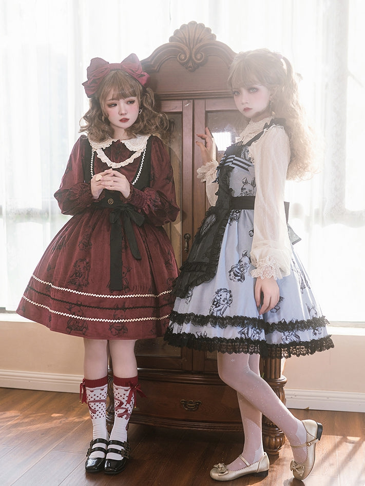 Puppet Rabbit Lace Trim Hemline Fake Two-pieces Design Jumper Skirt