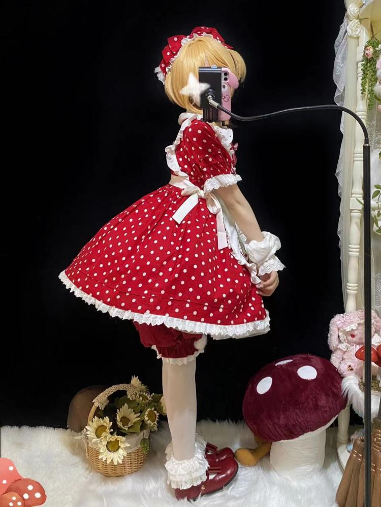 Picking Mushroom White and Red Polka-dot Pattern Short Sleeves One Piece