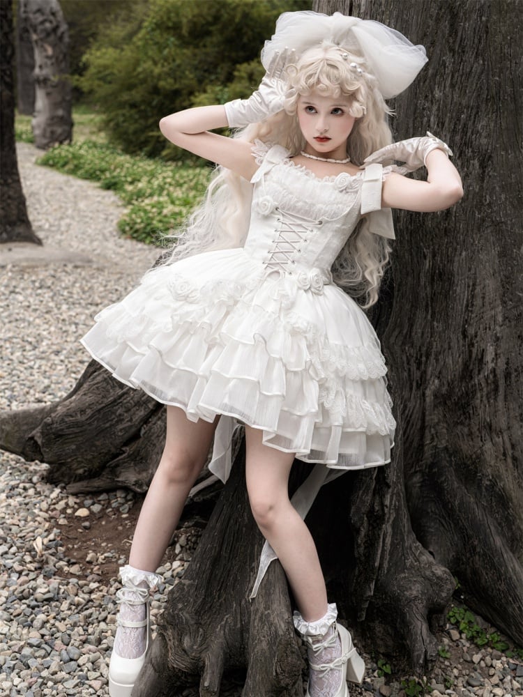 White Ruffle Hem Thin Shoulder Straps Jumper Skirt + Waistcoat Set