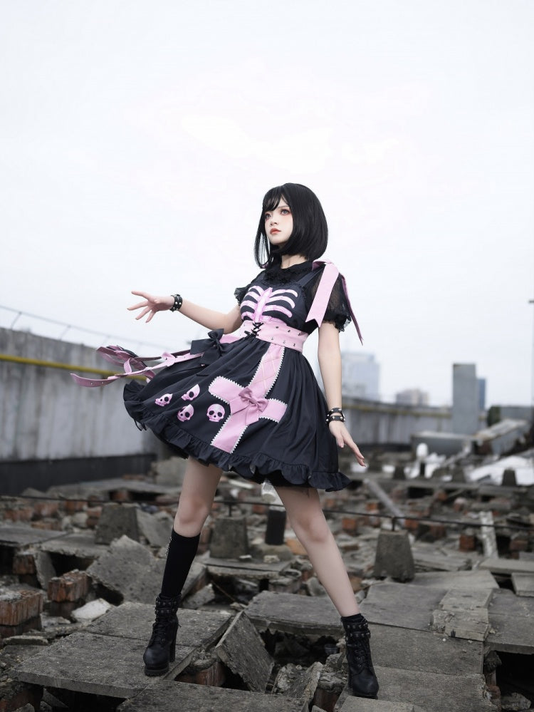 In Stock Dark Birdcage Skull Print Bowknot High Waist Lolita JSK