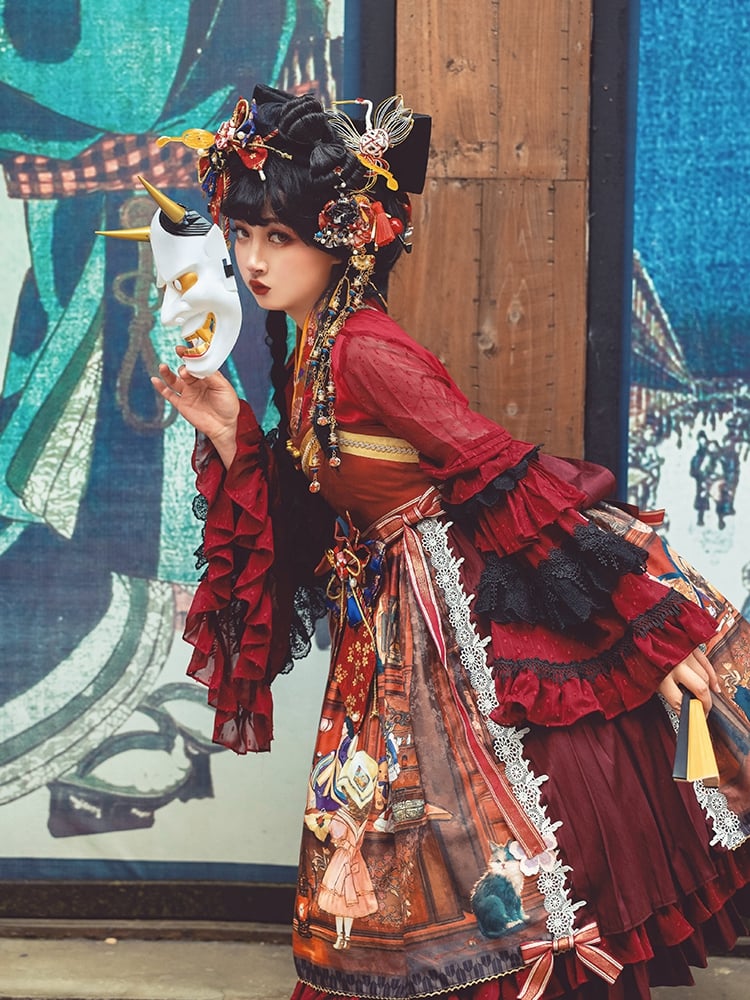 In Stock Fantasy Night Story Japanese Style Print Flounce Hem High Waist Wa Lolita JSK