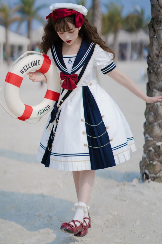 Sea Breeze Dark Blue Sailor Collar One Piece High Waist Sweet Dress with Bow Tie and Ribbon