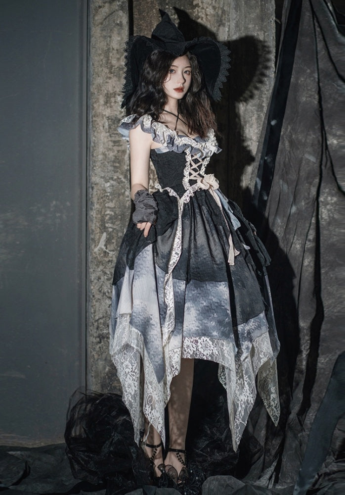 Lace-up Bodice Tie Dye Design Handkerchief Hem Lolita JSK