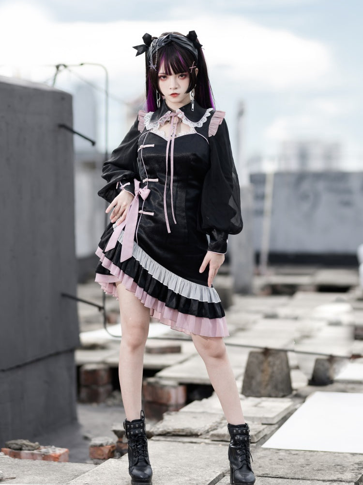 Sixteen Night Rose Qipao Style Turndown Collar Asymmetrical Ruffle Hemline Long Sleeves One Piece