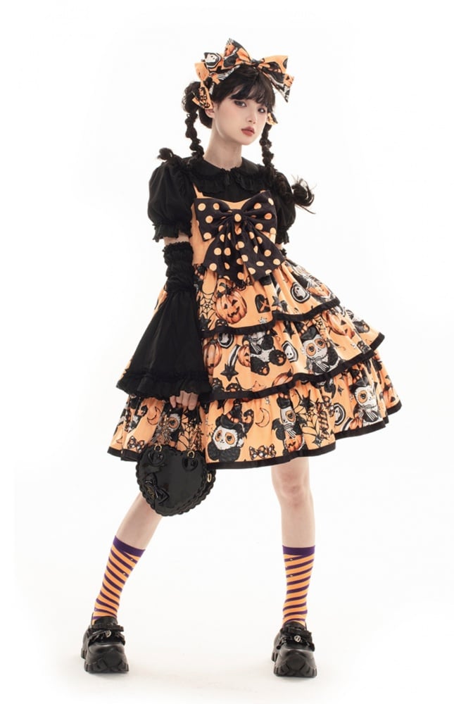 Strawberry Milk Ball Orange Bowknot Detail Strawberry Print Tiered Hem Jumper Skirt