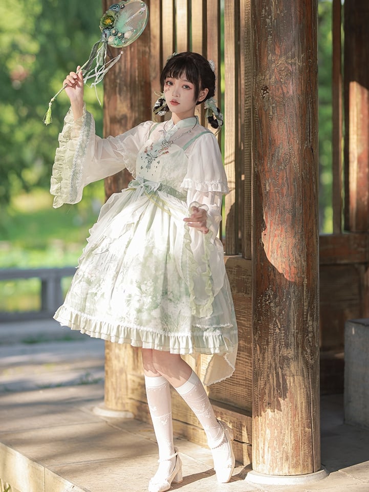 Swan Castle Print Green Qi Style Jumper Skirt/Full Set Embroidery Ruffle Hem