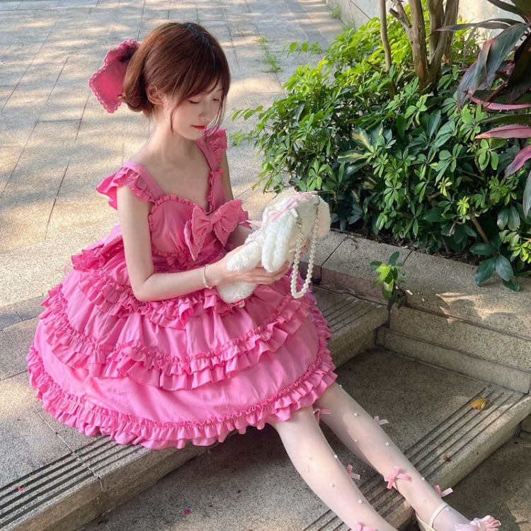 7 Color Options Lace-up Detail Sweetheart Neckline Ruffle Trim Hem Jumper Skirt