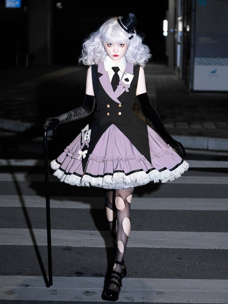 Poker Decorated Vest+Jumper Skirt+Tie Set