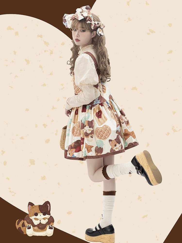 Muffin Kitten Series Dessert and Cat Print Sweet Overall Dress