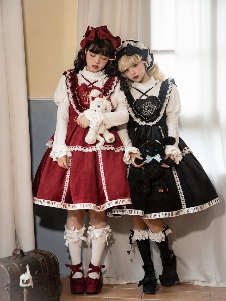 In Stock Runaway Bear Emboridery Heart-shaped Neckline Letter Print Hemline Velvet Jumper Skirt