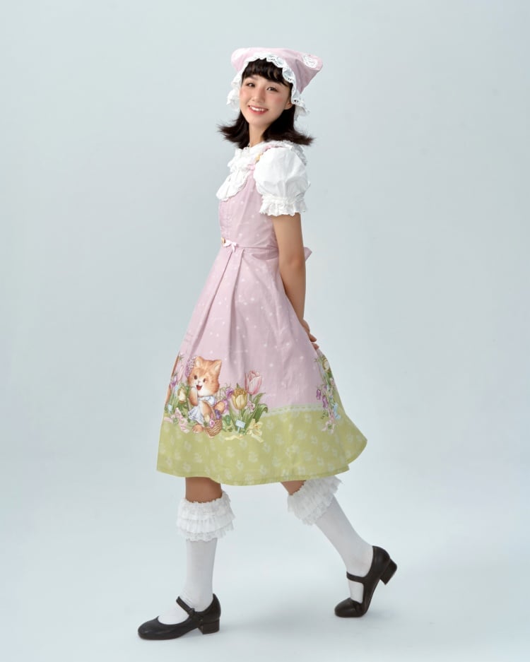 Pink Cat Print Lace Trim Bowknot Details Jumper Skirt